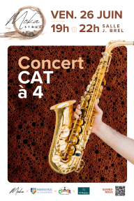 Affiche avec saxophone illustrant le concert Cat à 4